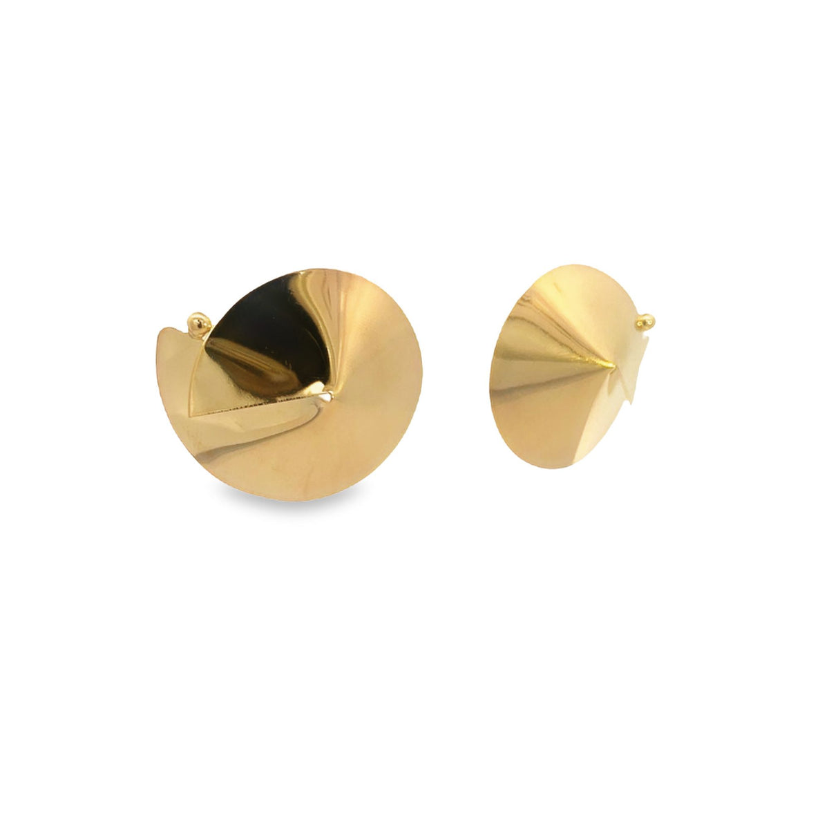 A pair of polished gold cone-shaped stud earrings rests against a clean white background.