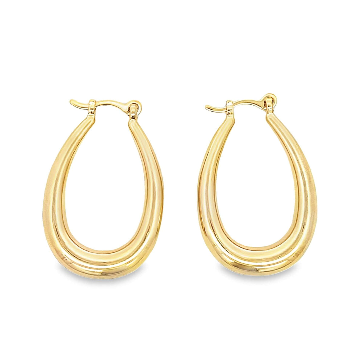 A pair of polished gold hoop earrings displays a sleek teardrop shape against a clean white background.