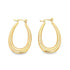 A pair of polished gold hoop earrings displays a sleek teardrop shape against a clean white background.