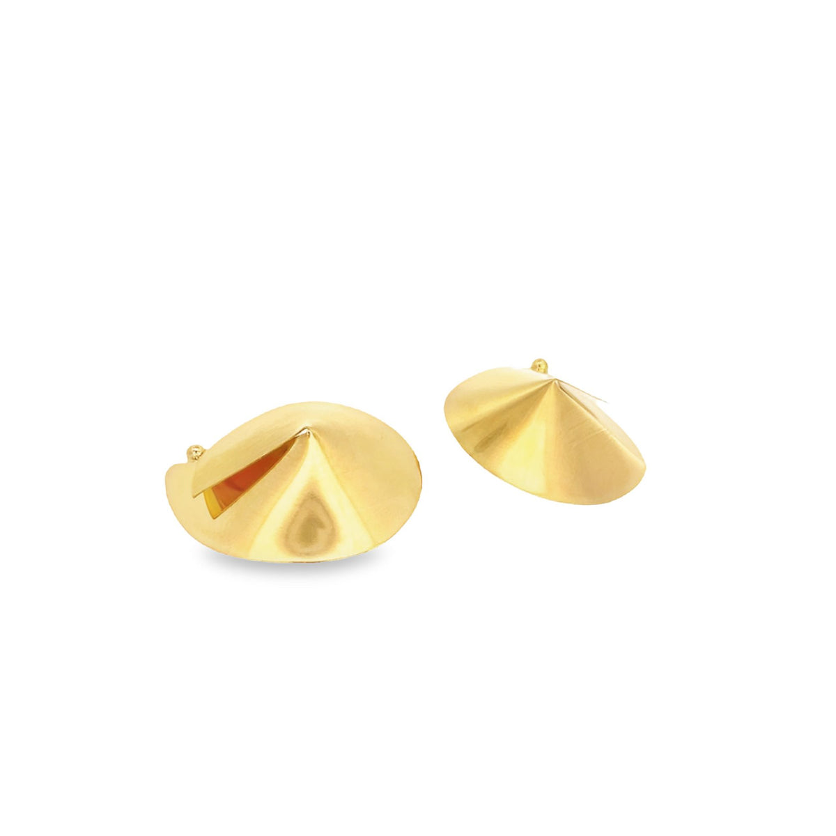 A pair of modern gold fortune cookie earrings resting against a clean white background.