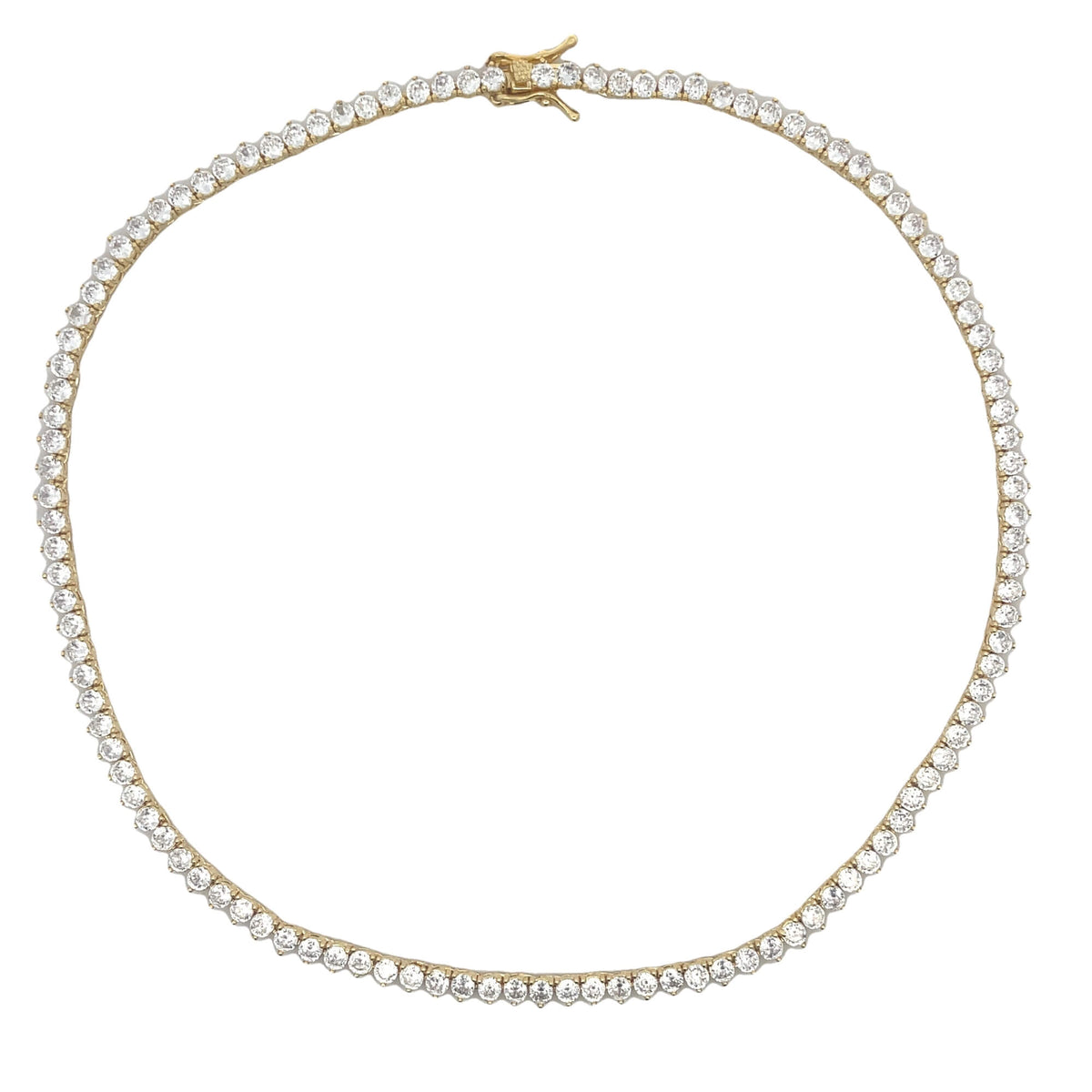 A gold tennis necklace sparkles with a continuous circle of brilliant-cut diamonds against a clean white background.