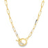A shiny gold paperclip chain necklace features a stylish toggle clasp centered at the bottom.