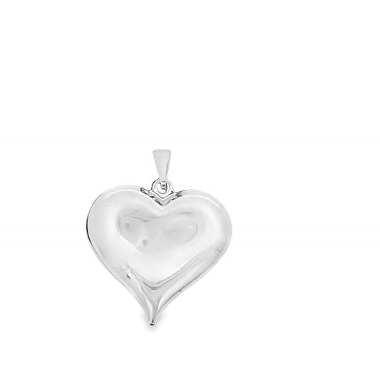 A polished silver puffed heart pendant hangs on a simple white background.