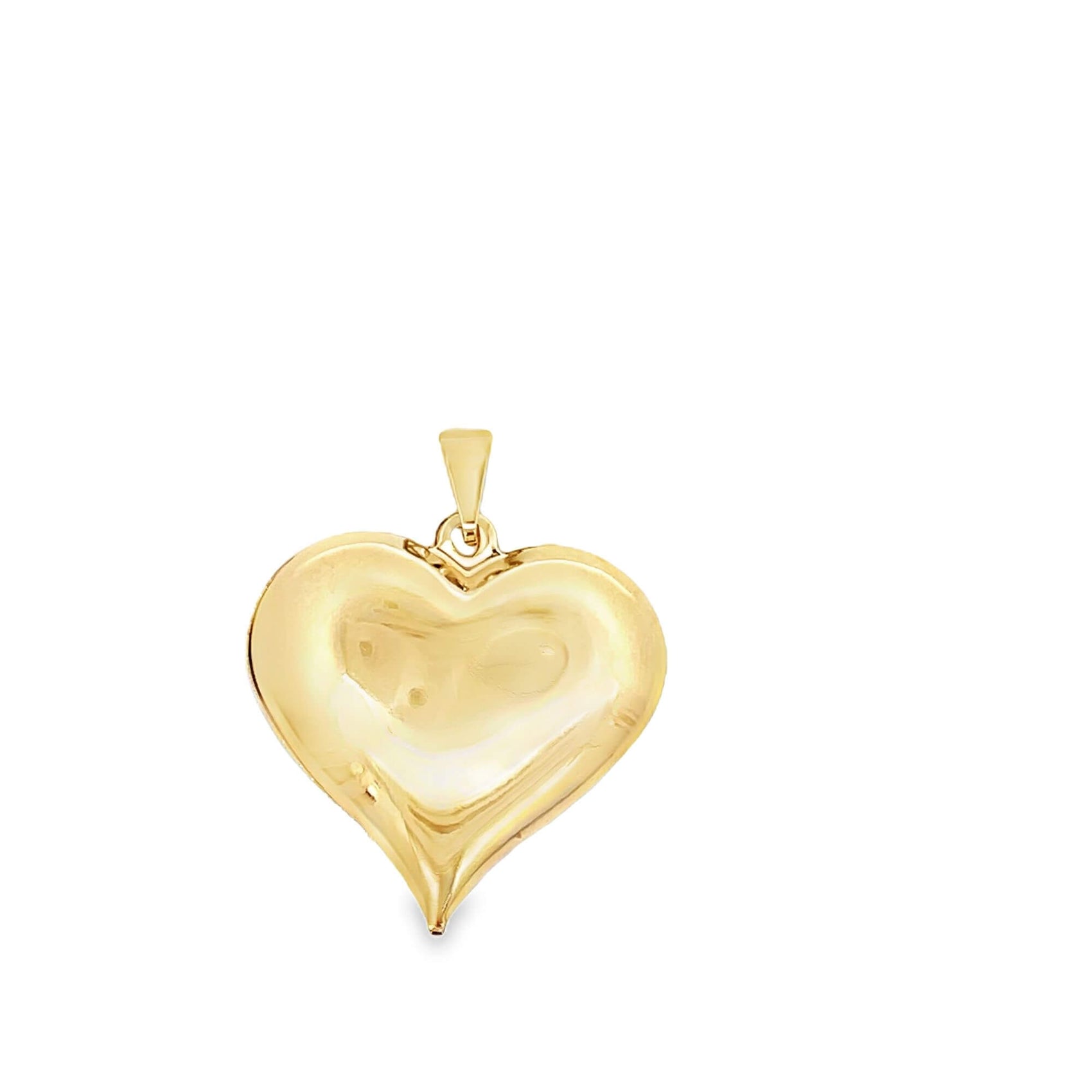 A polished gold heart pendant shines against a plain white background.