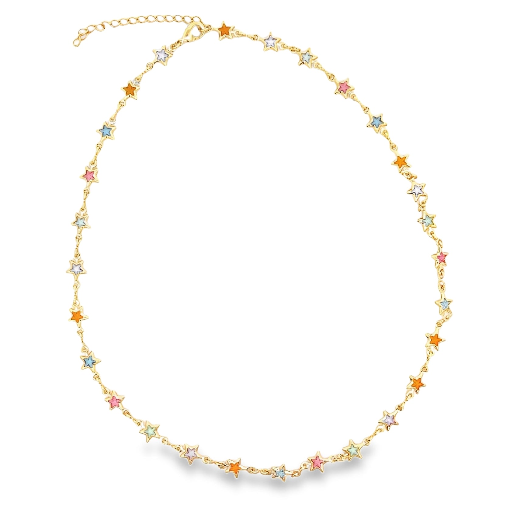 A delicate gold star-shaped gemstone necklace showcases a chain adorned with multicolored enamel and crystal star charms against a clean white background.