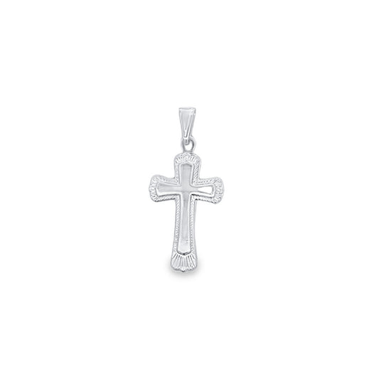 A polished white gold cross pendant features intricate engraved details along its flared edges.
