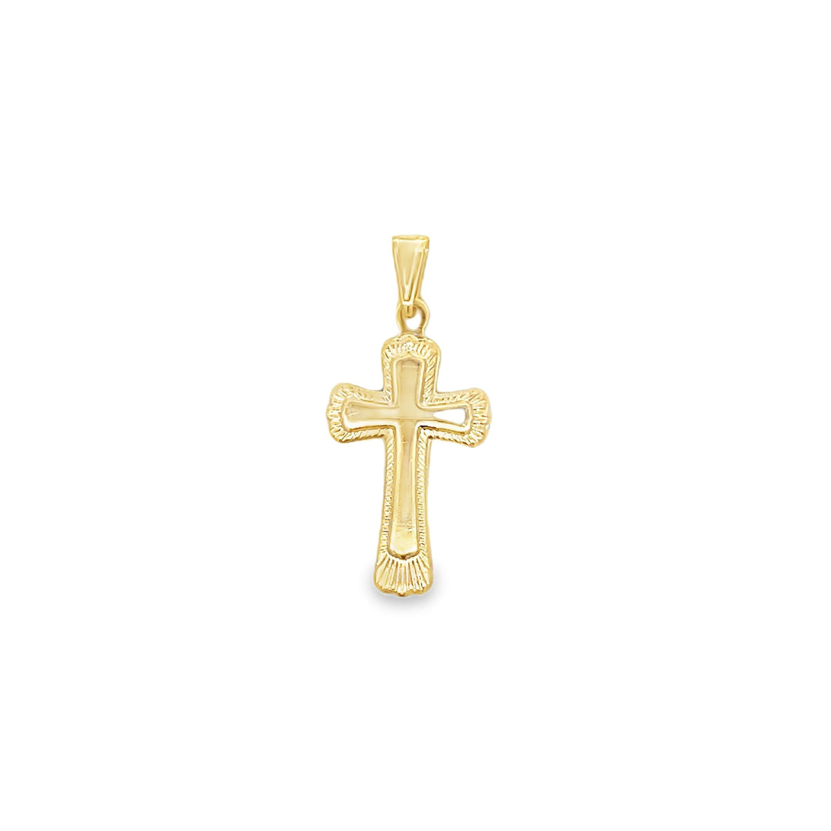 A polished yellow gold cross pendant features intricate textured edges against a plain white background.