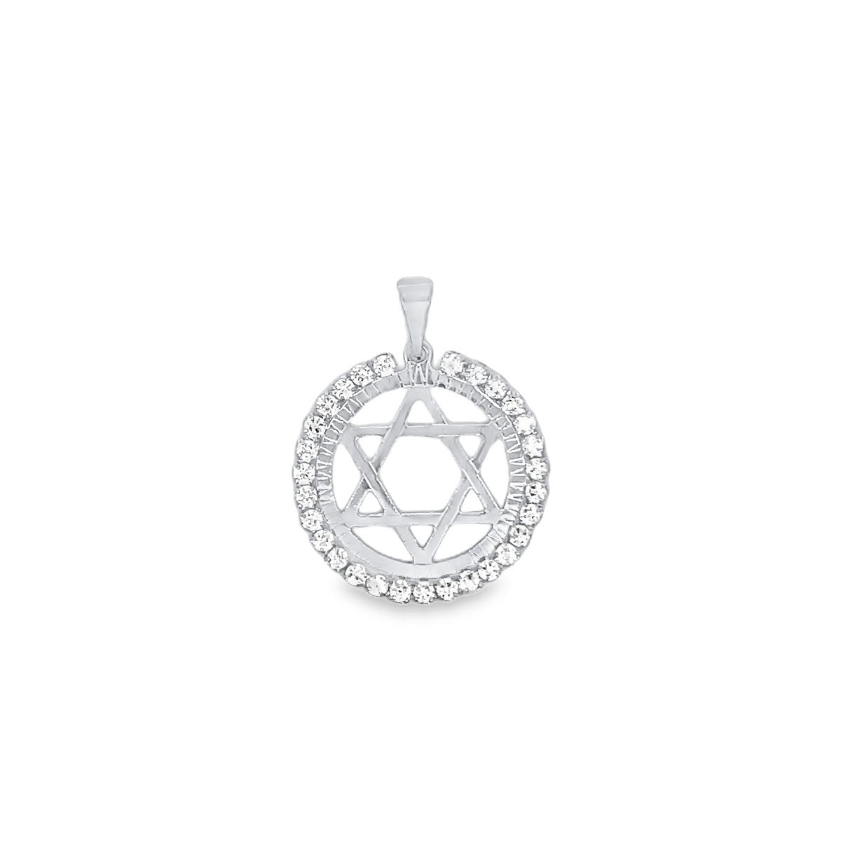 A sparkling diamond Star of David pendant features a Star of David centered inside a round, crystal-set frame.