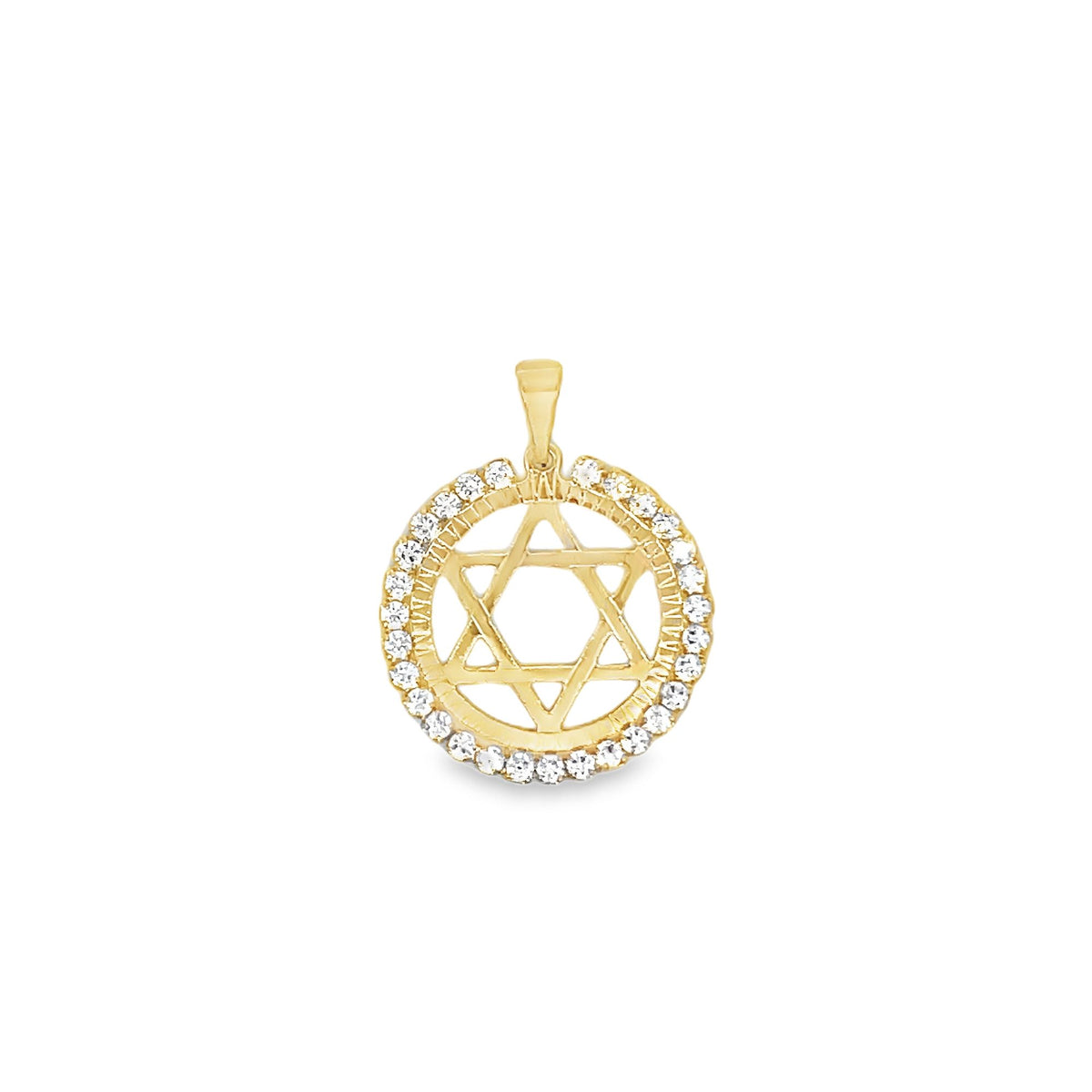 A gold Star of David pendant sparkles with encrusted diamonds inside a circular frame.