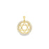 A gold Star of David pendant sparkles with encrusted diamonds inside a circular frame.