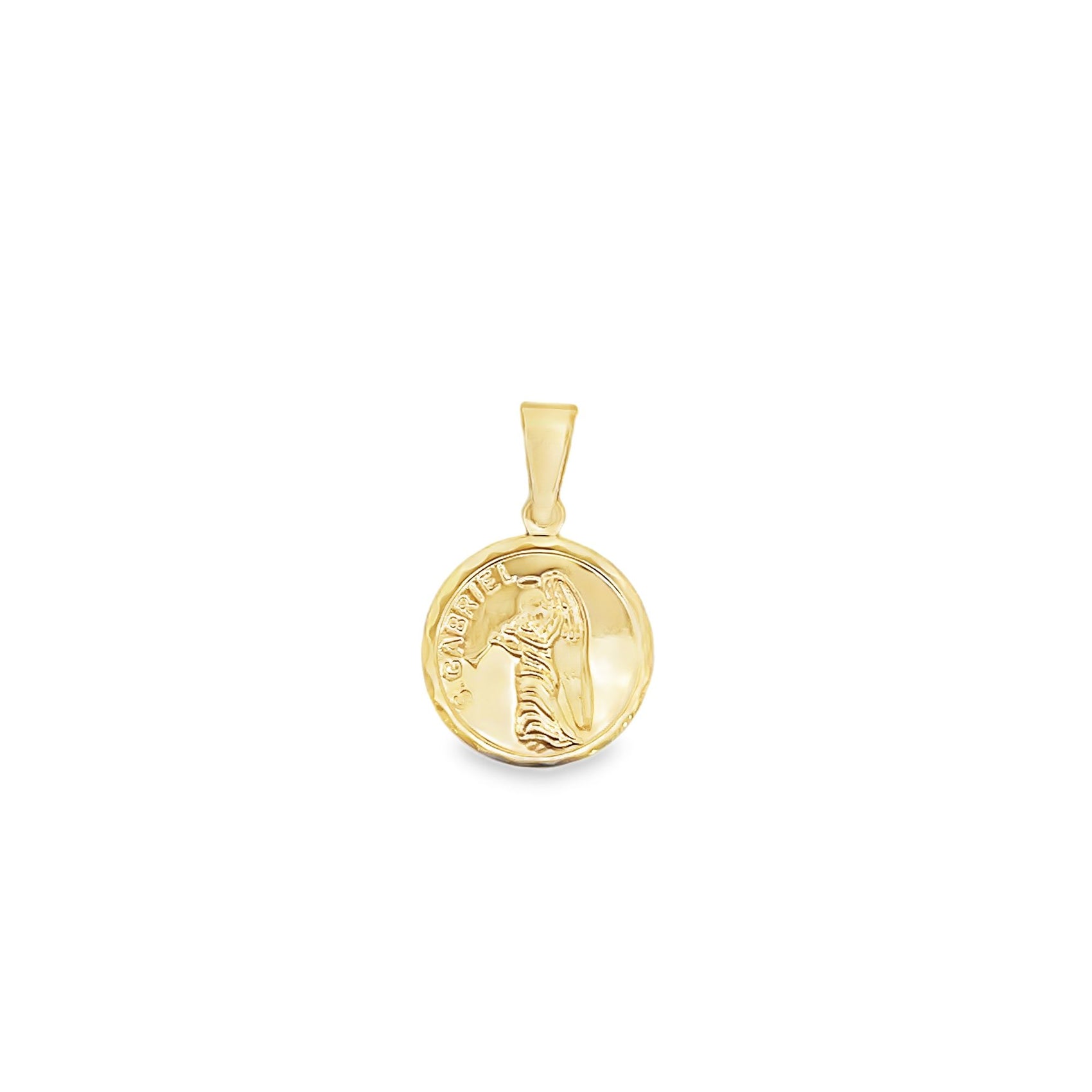 A shiny gold pendant features an engraved image of St. Gabriel against a plain white background.