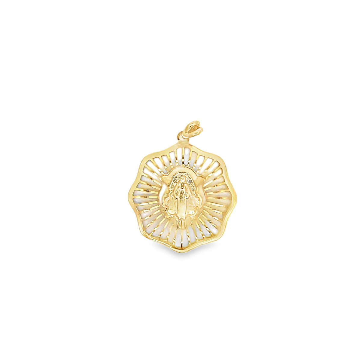 A gold pendant featuring a delicate depiction of the Virgin Mary centered within a scalloped frame of radiating beams over a mother-of-pearl background.