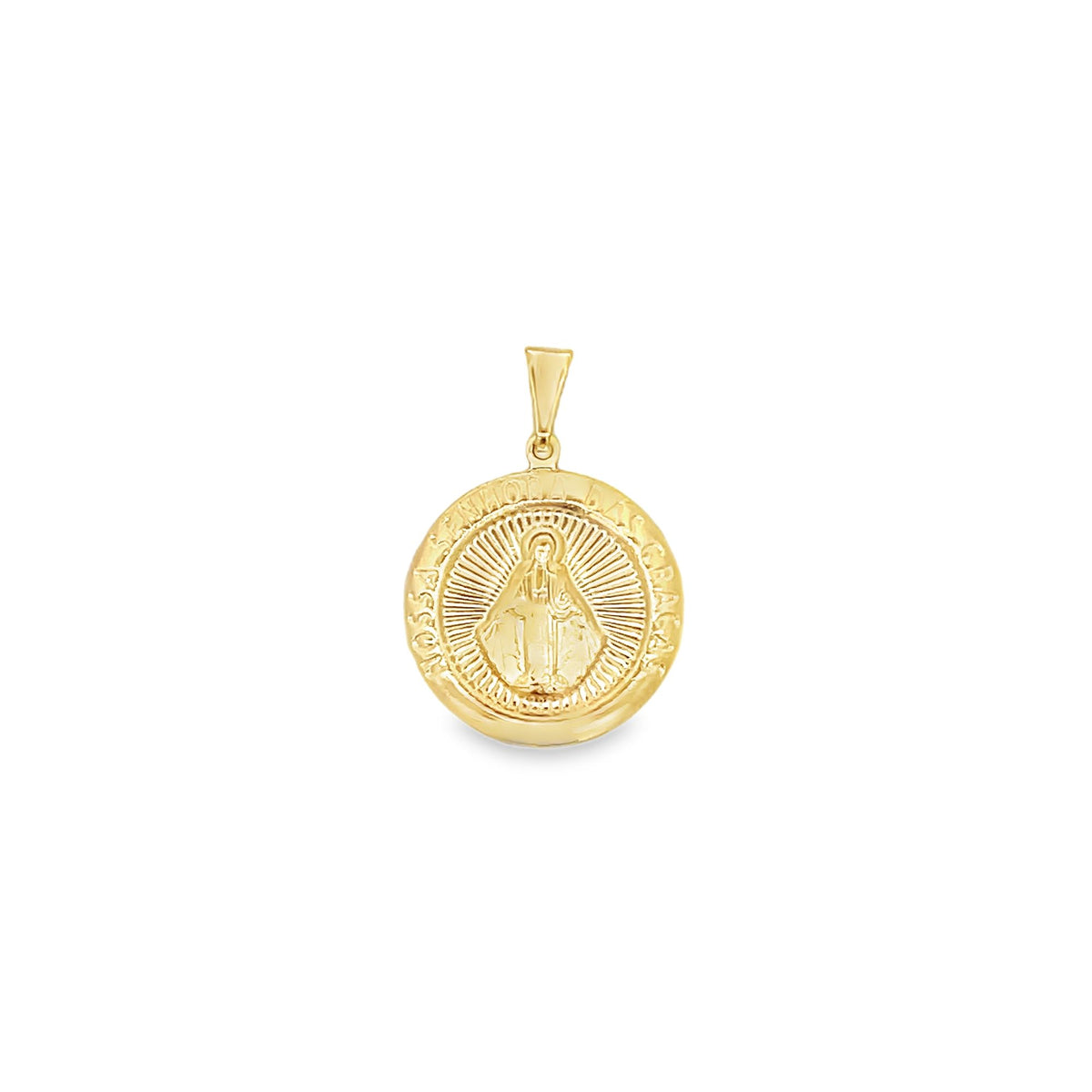 A polished gold pendant features an embossed depiction of Our Lady of Graces surrounded by radiant rays and engraved lettering.