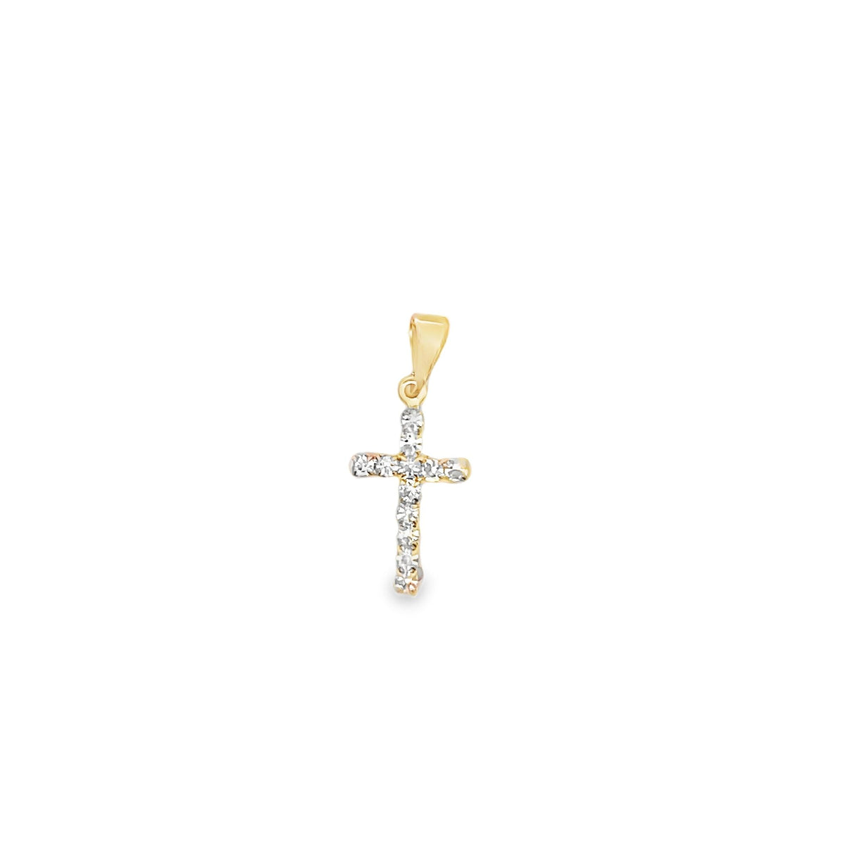 A delicate gold cross pendant glimmers with embedded diamonds against a clean white background.