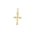 A polished yellow gold cross pendant features ornate textured detailing on the ends against a clean white background.