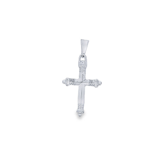 A polished sterling silver cross pendant features intricate textured end caps against a clean white background.