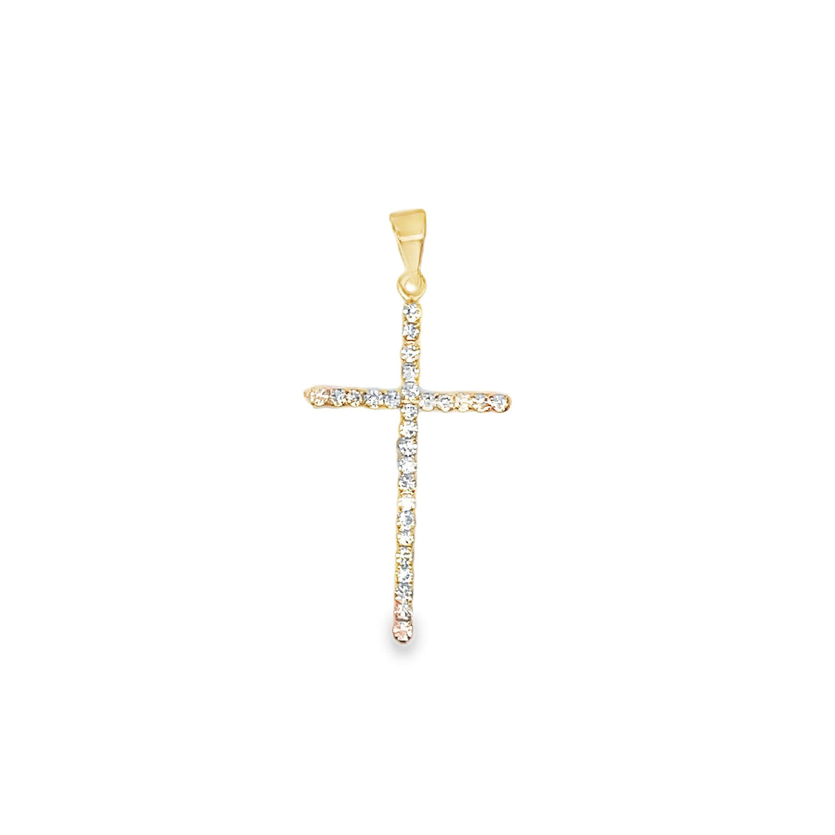 A delicate gold cross pendant sparkles with inlaid diamonds against a clean white background.