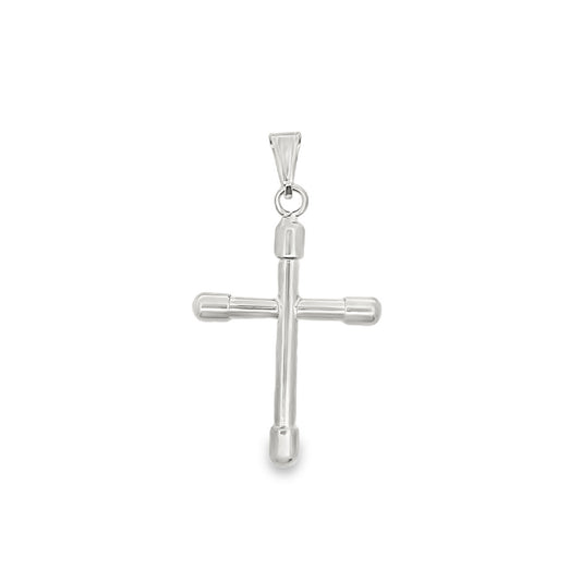 A sleek polished white gold cross pendant hangs against a clean white background.
