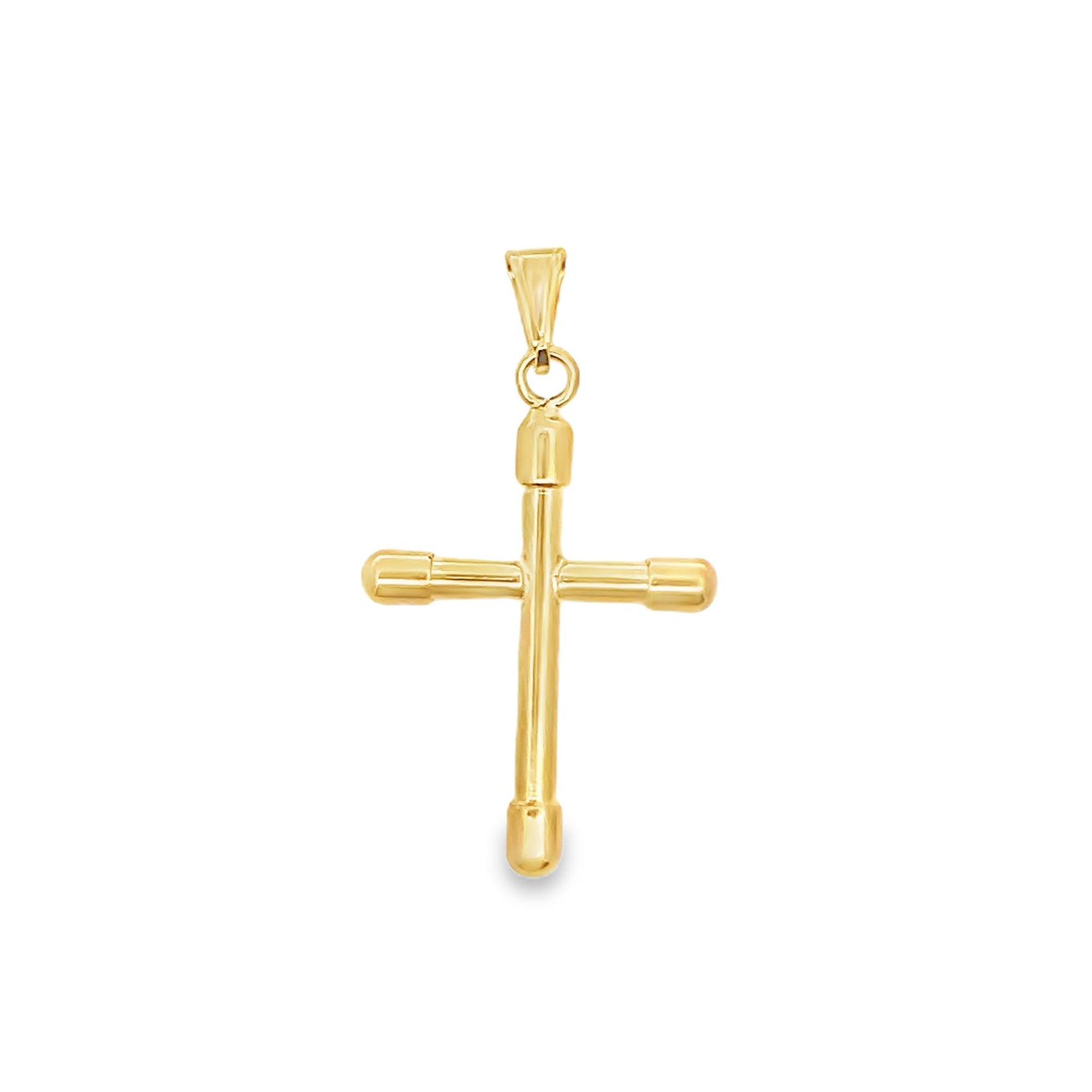 A polished yellow gold cross pendant features a clean, minimalist design with cylindrical ends against a plain white background.