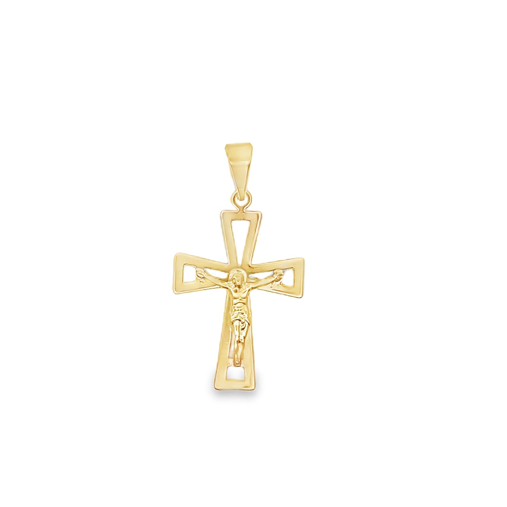 A polished yellow gold crucifix pendant features an openwork cross design centering the figure of Jesus against a clean white background.