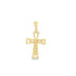 A polished yellow gold crucifix pendant features an openwork cross design centering the figure of Jesus against a clean white background.