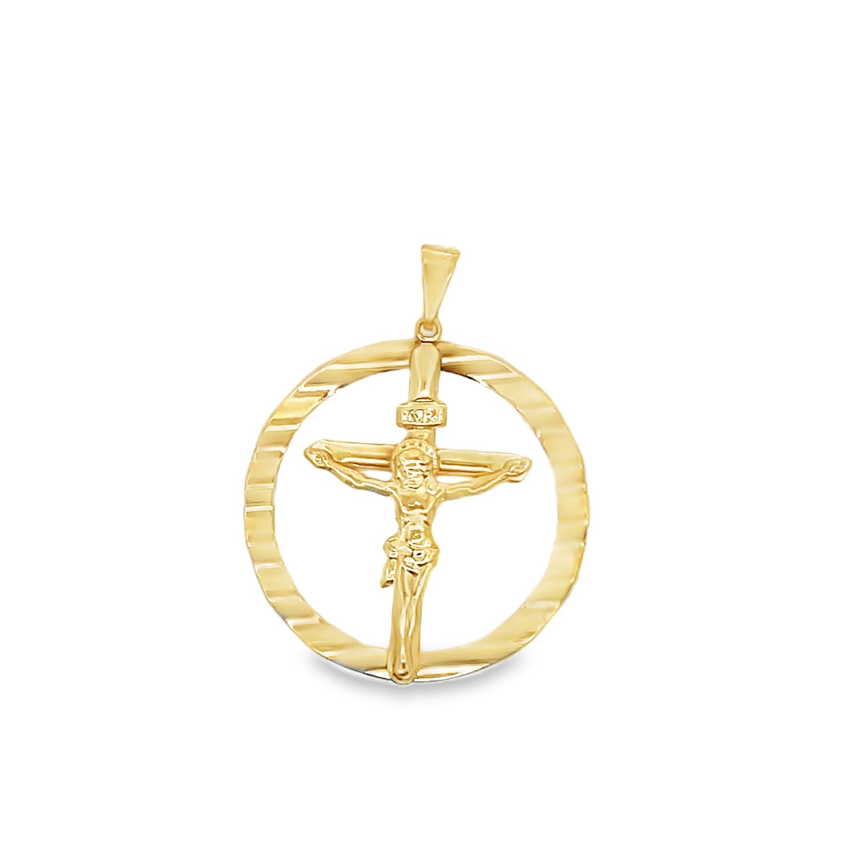 A polished gold crucifix pendant features Jesus on the cross centered inside a textured circular frame.