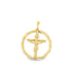 A polished gold crucifix pendant features Jesus on the cross centered inside a textured circular frame.