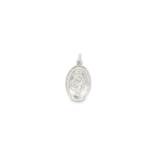 A silver Miraculous Medal pendant hangs against a clean white background.