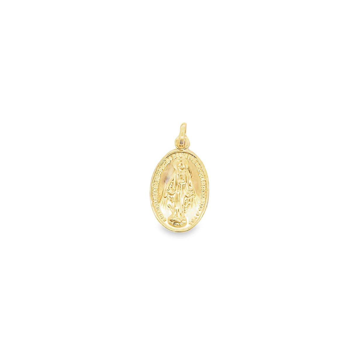 A polished gold Miraculous Medal pendant hangs against a clean white background.