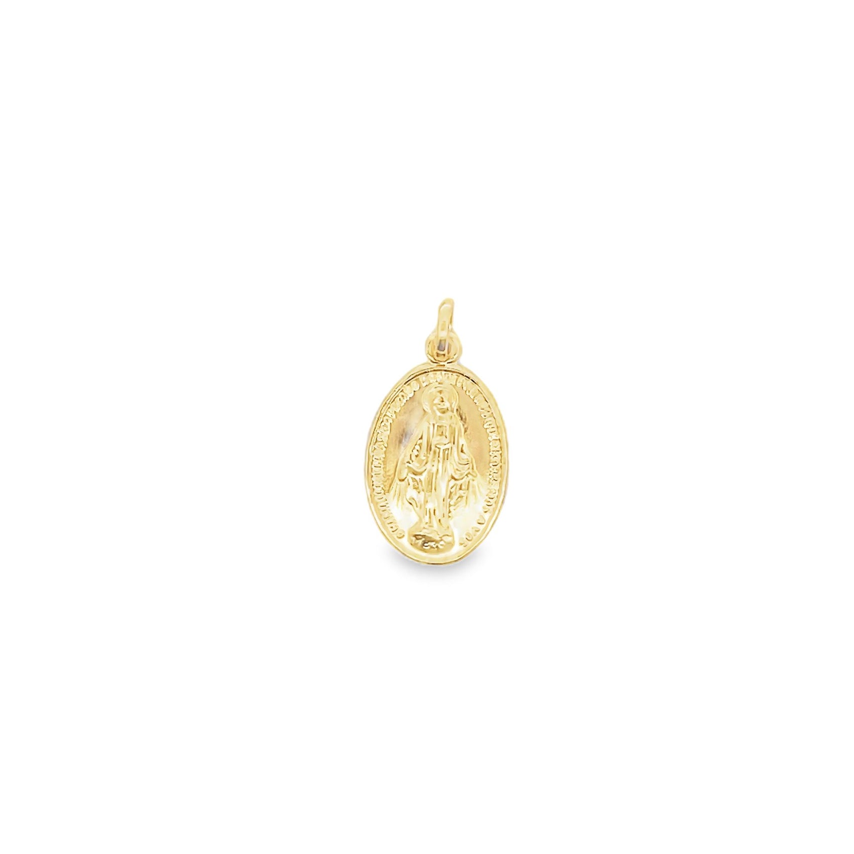 A gleaming gold Miraculous Medal pendant features an embossed depiction of the Virgin Mary against a clean white background.