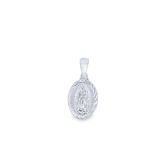 A silver Virgin Mary pendant hangs against a clean white background, showcasing intricate detailing on the oval medal and bail.