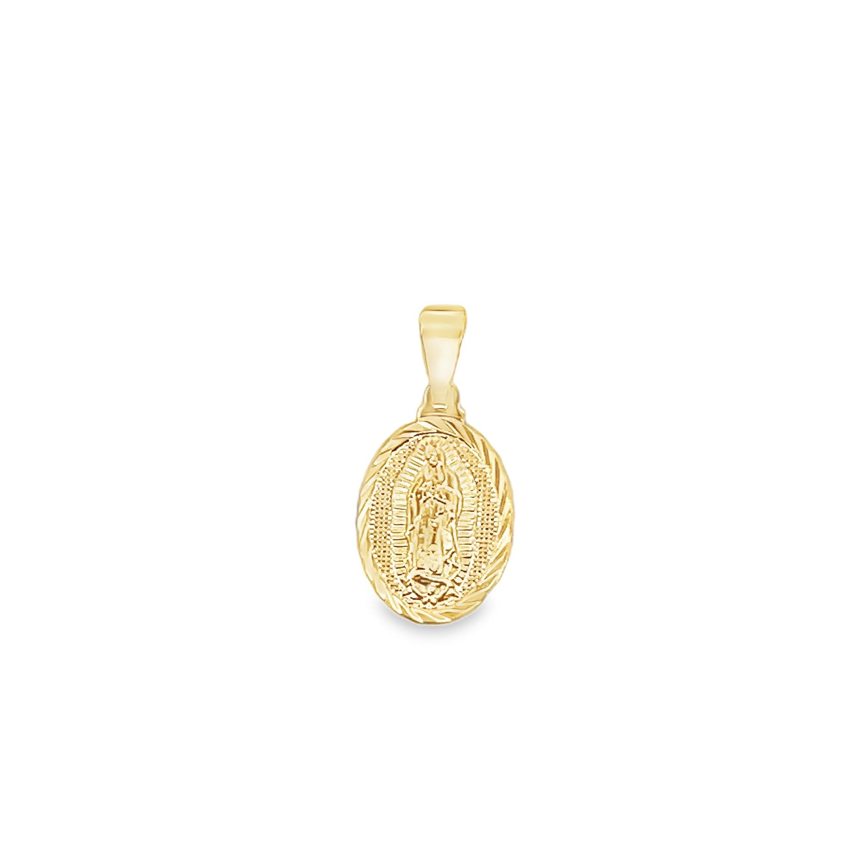A shiny gold pendant features an intricate embossed image of Our Lady of Guadalupe inside an oval frame with a braided border.