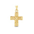 A detailed gold cross pendant features intricate engraved floral and geometric patterns against a textured background.
