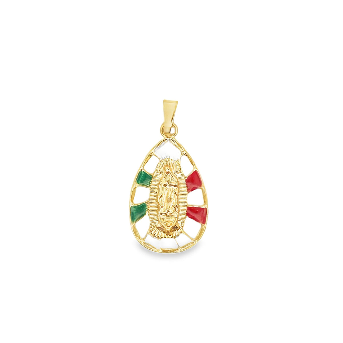 A gold teardrop-shaped pendant features the Virgin of Guadalupe surrounded by red and green enameled accents.
