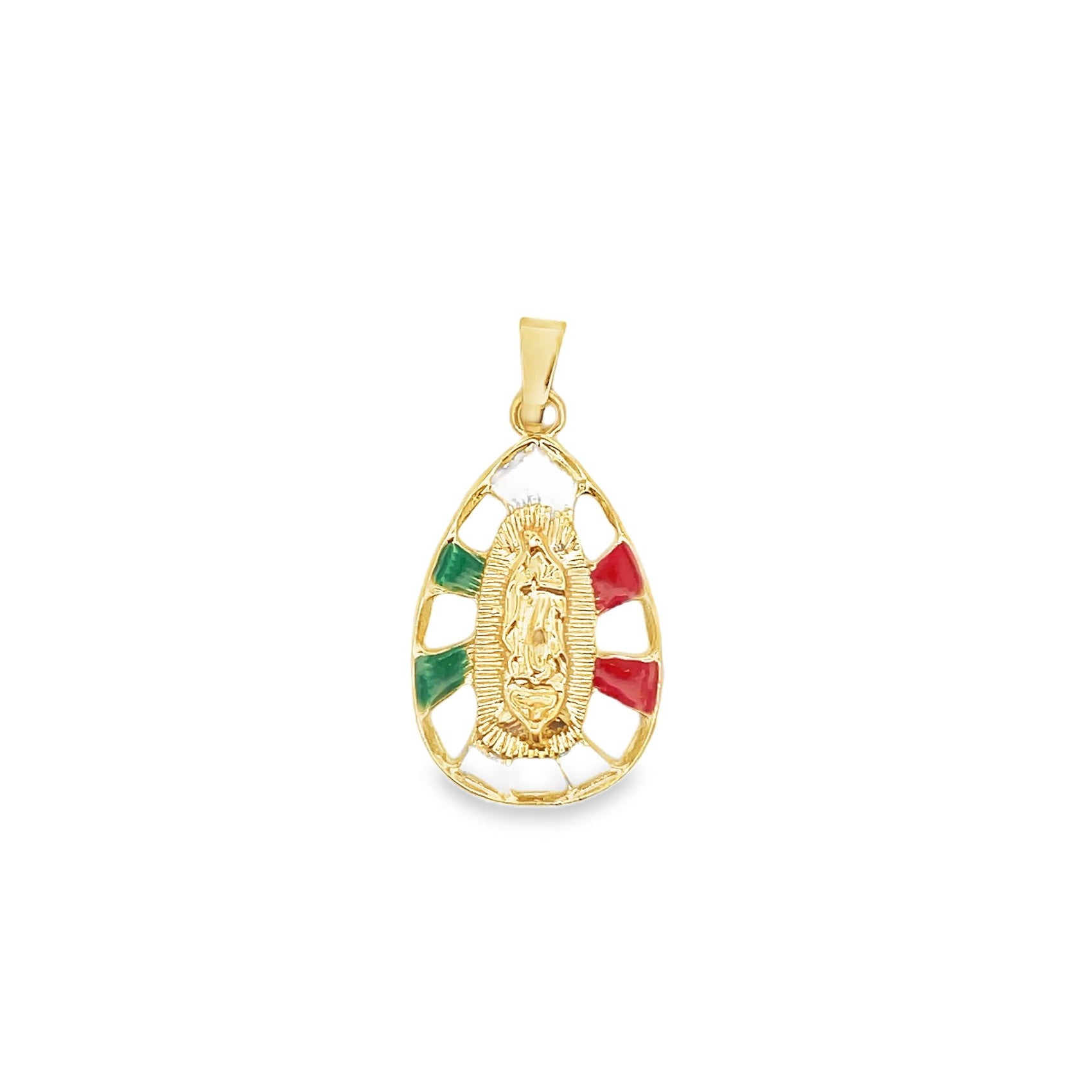 A gold teardrop-shaped pendant features the Virgin of Guadalupe surrounded by red and green enameled accents.