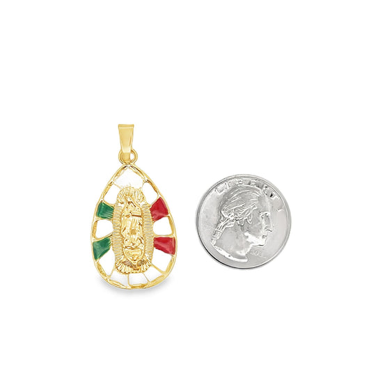 A teardrop-shaped gold Our Lady of Guadalupe pendant features green and red enamel accents next to a US quarter for scale.