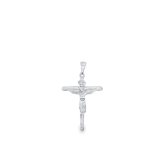 A polished white gold crucifix pendant hangs against a clean white background.
