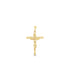 A polished gold crucifix pendant features a detailed figure of Jesus on the cross against a clean white background.