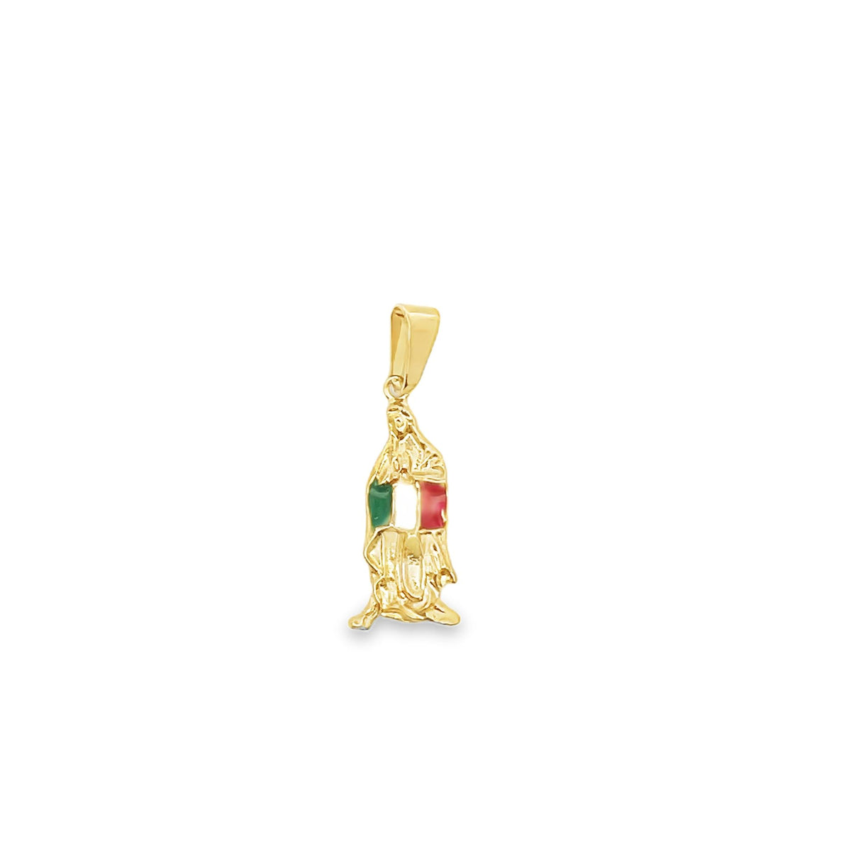 A gold pendant features the Virgin of Guadalupe accented with the colors of the Mexican flag.