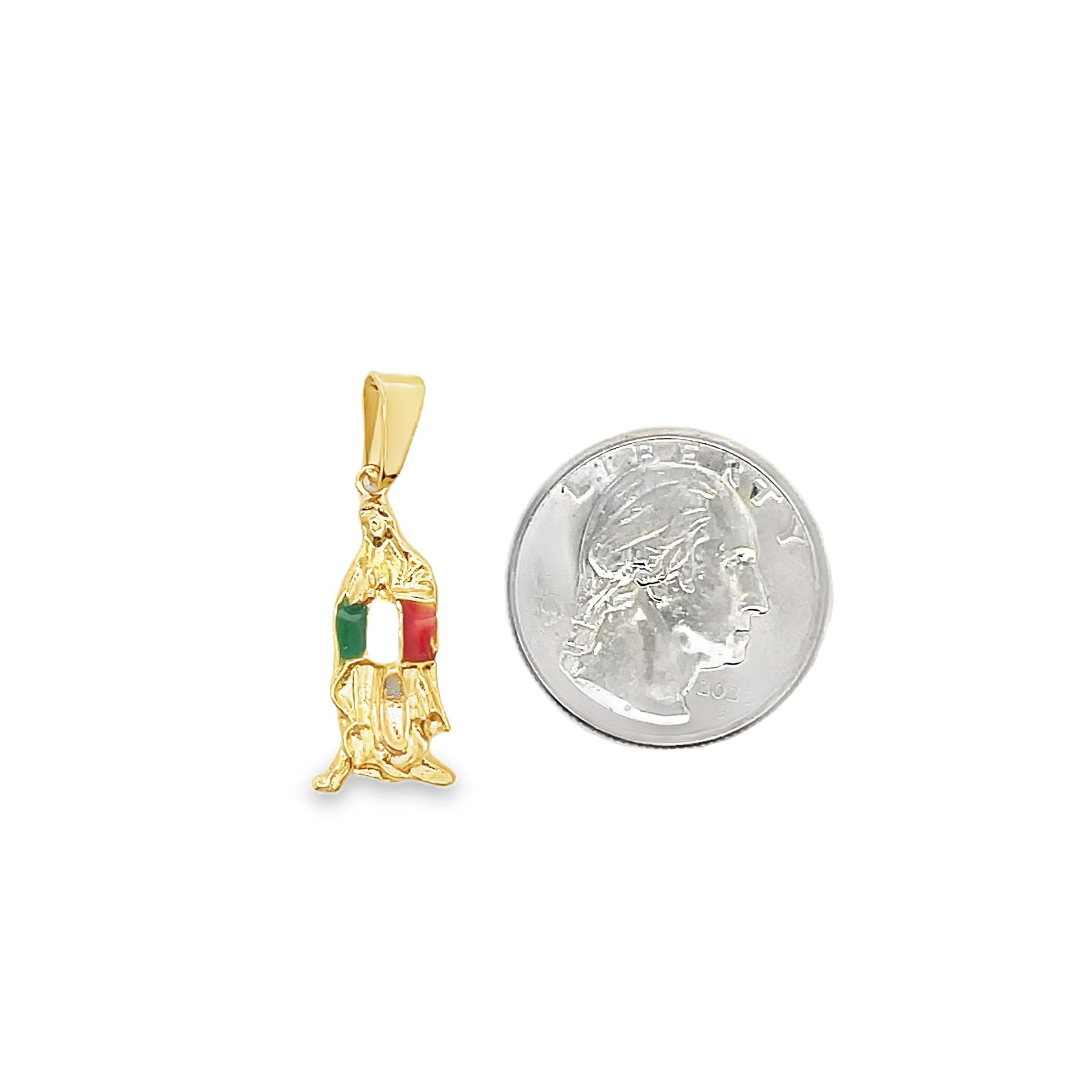 A gold Virgin Mary pendant featuring the Italian flag colors sits next to a US quarter for scale.