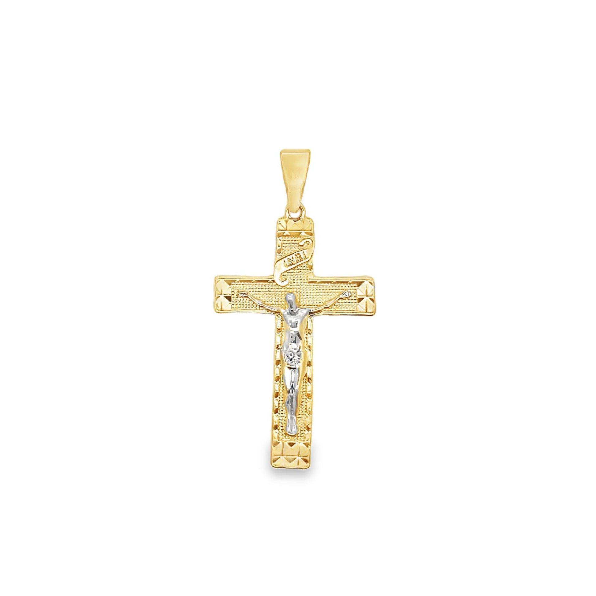 A textured yellow gold crucifix pendant features a white gold figure of Jesus and an INRI inscription.