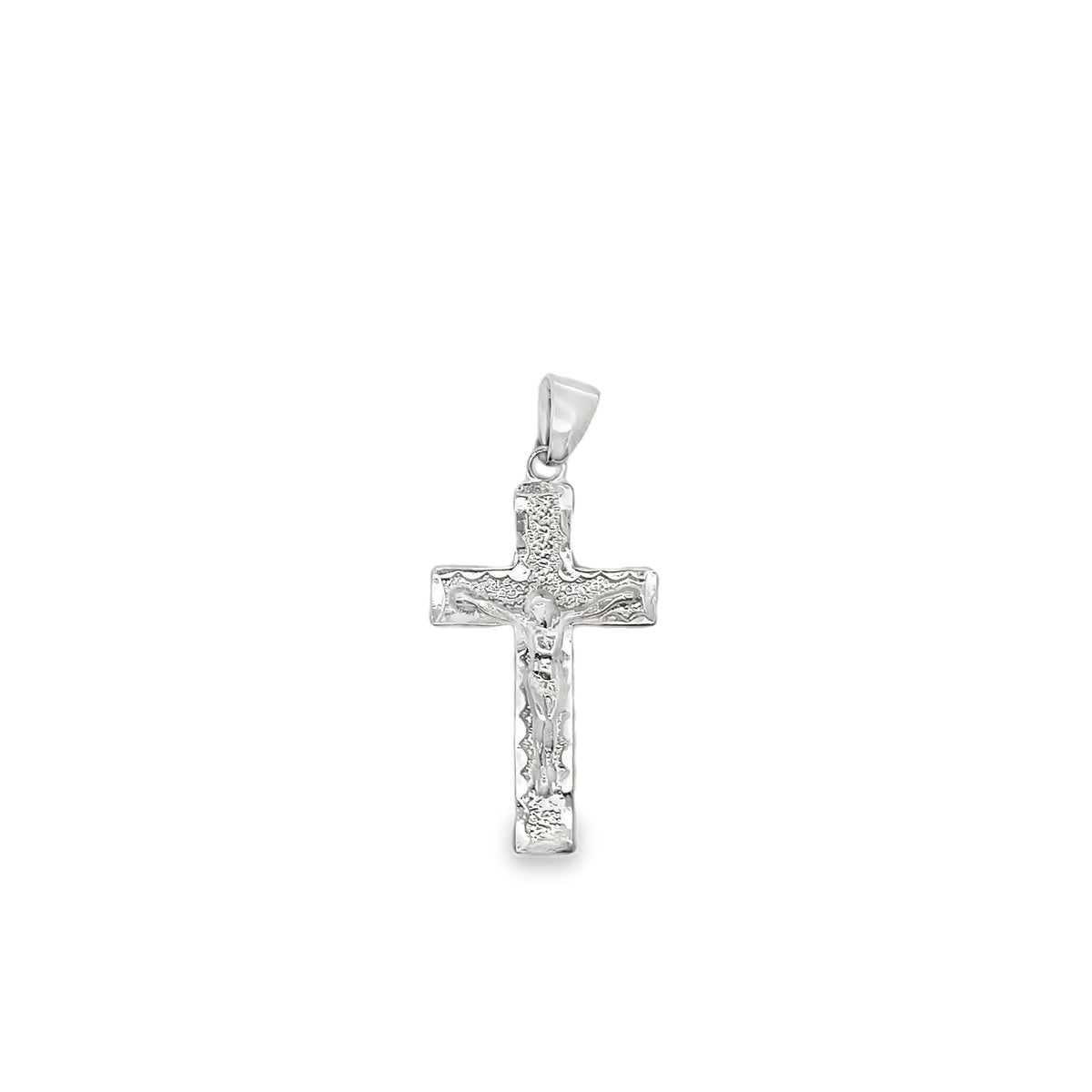 A textured silver crucifix pendant hangs vertically against a clean white background.