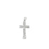 A textured silver crucifix pendant hangs vertically against a clean white background.