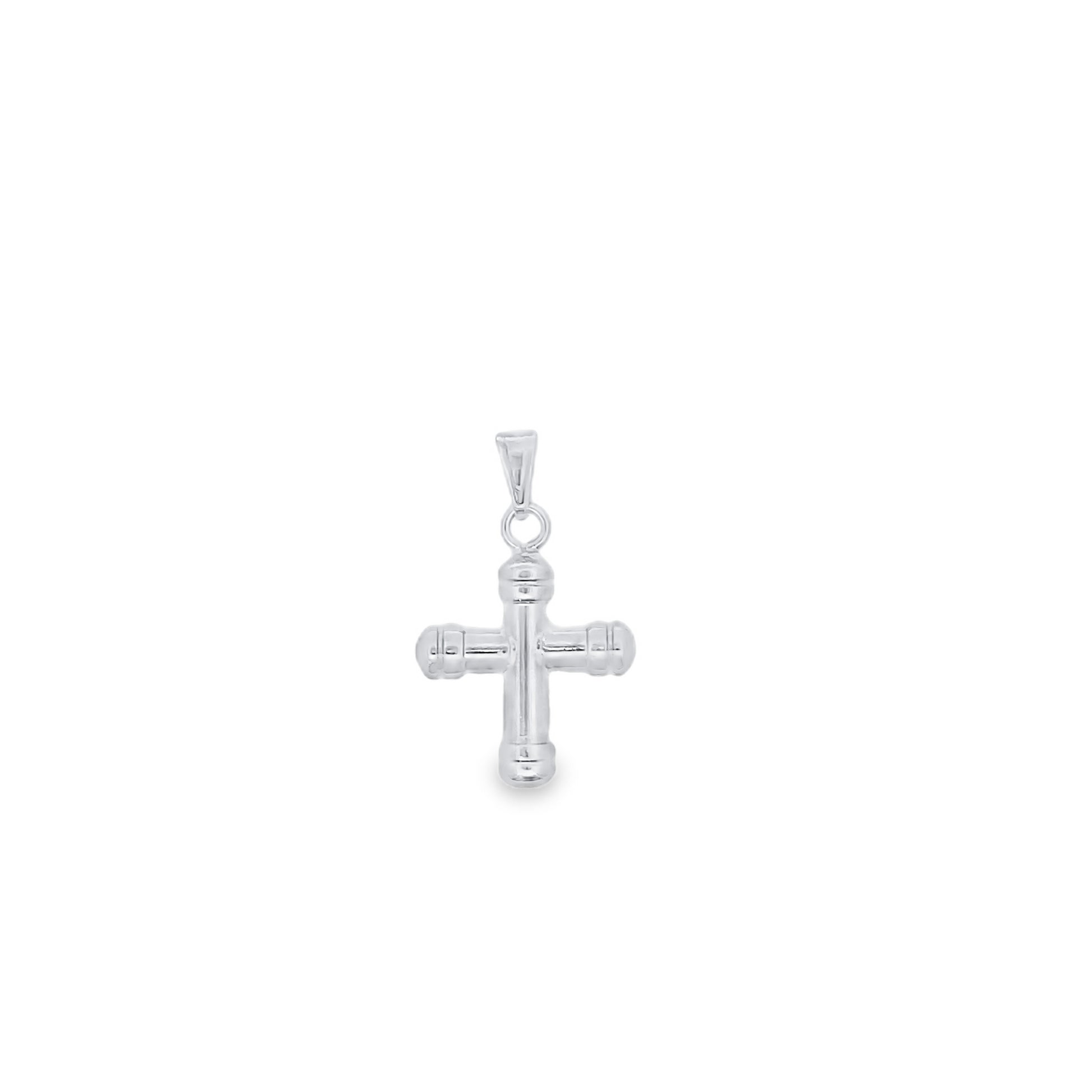 A shiny silver cross pendant featuring a textured bamboo design hangs against a plain white background.