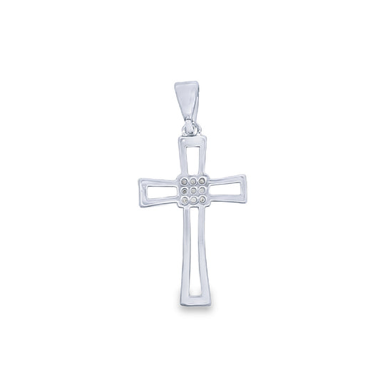 A polished silver cross pendant features a cluster of sparkling diamond accents at its center.
