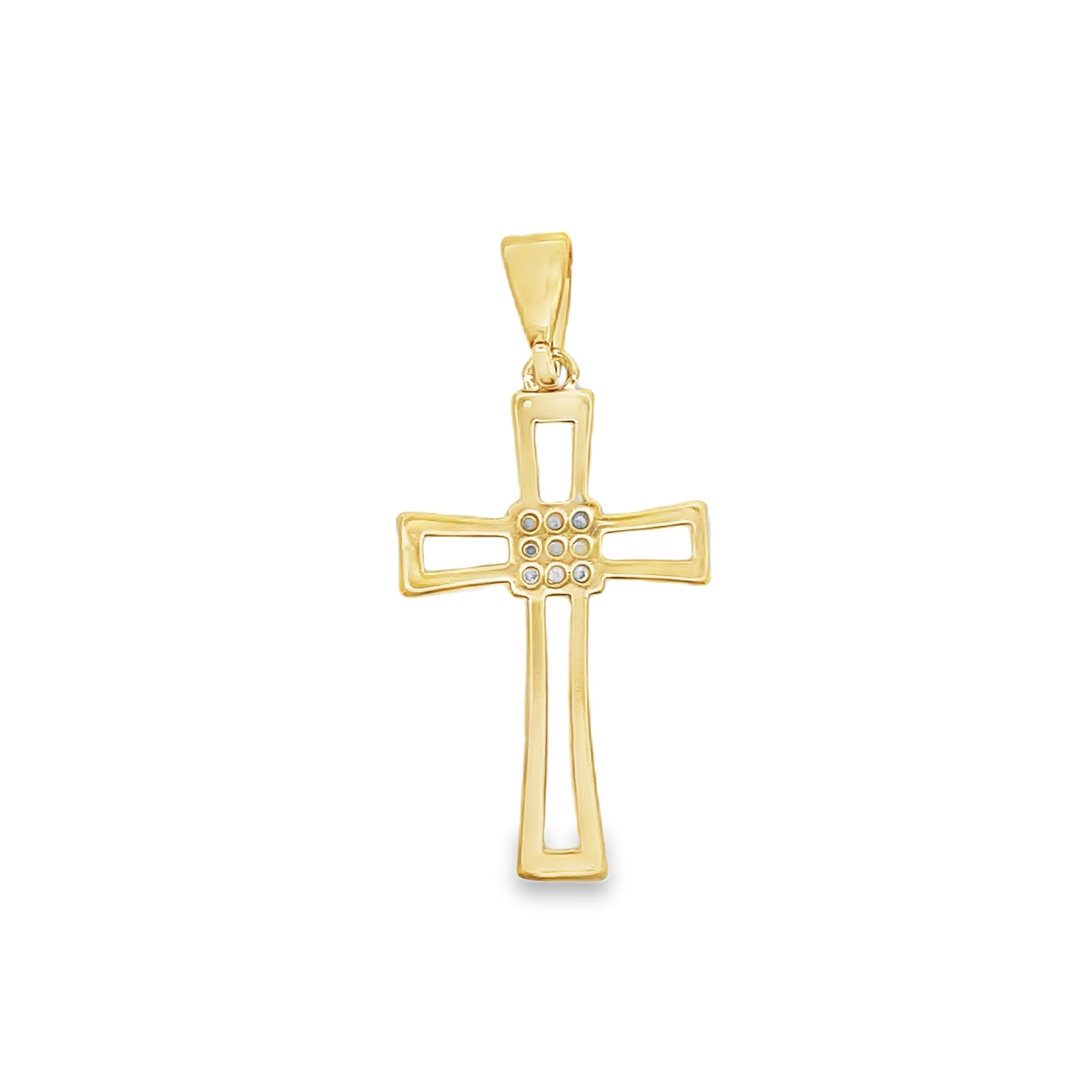 A gold cross pendant features an openwork design accented with sparkling diamonds at its center.
