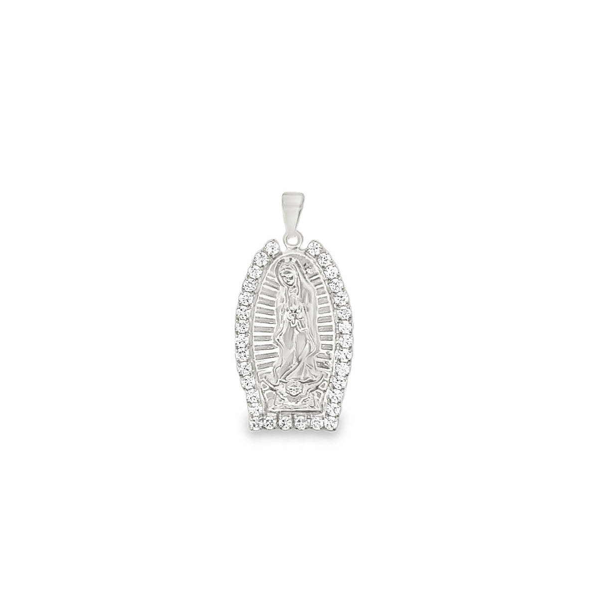 A gleaming silver Virgin Mary pendant sparkles with a halo of cubic zirconia stones against a clean white background.