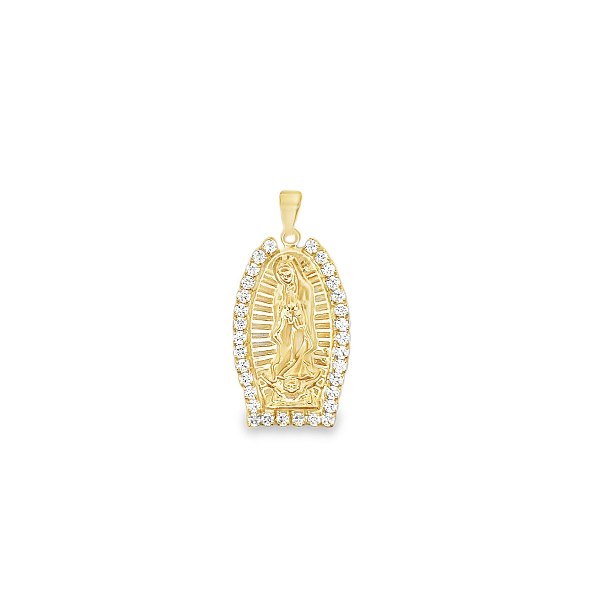 A gold Virgin Mary pendant sparkles with a halo of small diamonds framing the central religious figure.