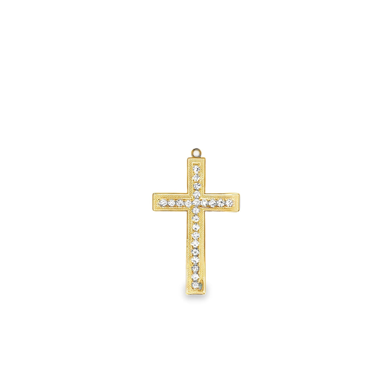 A gold cross pendant features a row of sparkling diamond accents set against a white background.