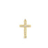A gold cross pendant features a row of sparkling diamond accents set against a white background.
